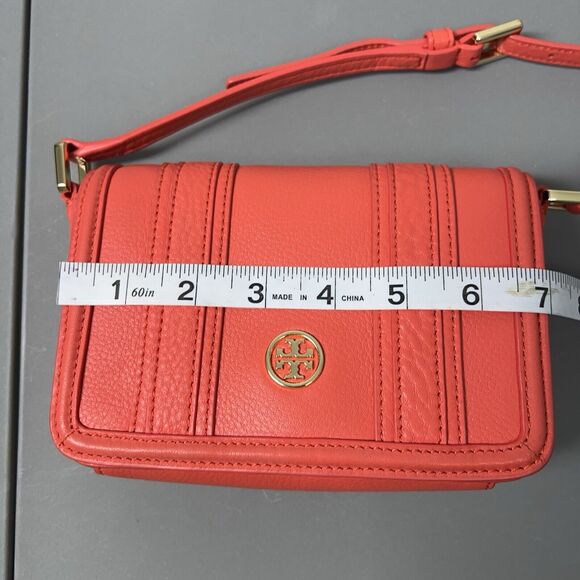 TORY BURCH Landon Crossbody Bag Small Brick Red Leather Flap Adjustable Strap - Picture 14 of 16